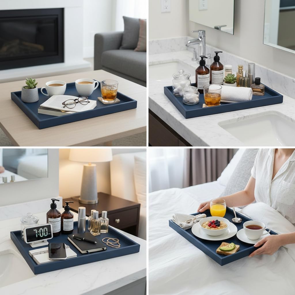 40 * 20 Inch Rectangular Ottoman Tray | Textured PU Leather, Waterproof & Heat-Resistant Storage for Coffee/Dining Tables, Sofa, Bed, Entertainment & Party (Navy Blue, 40 * 20in)