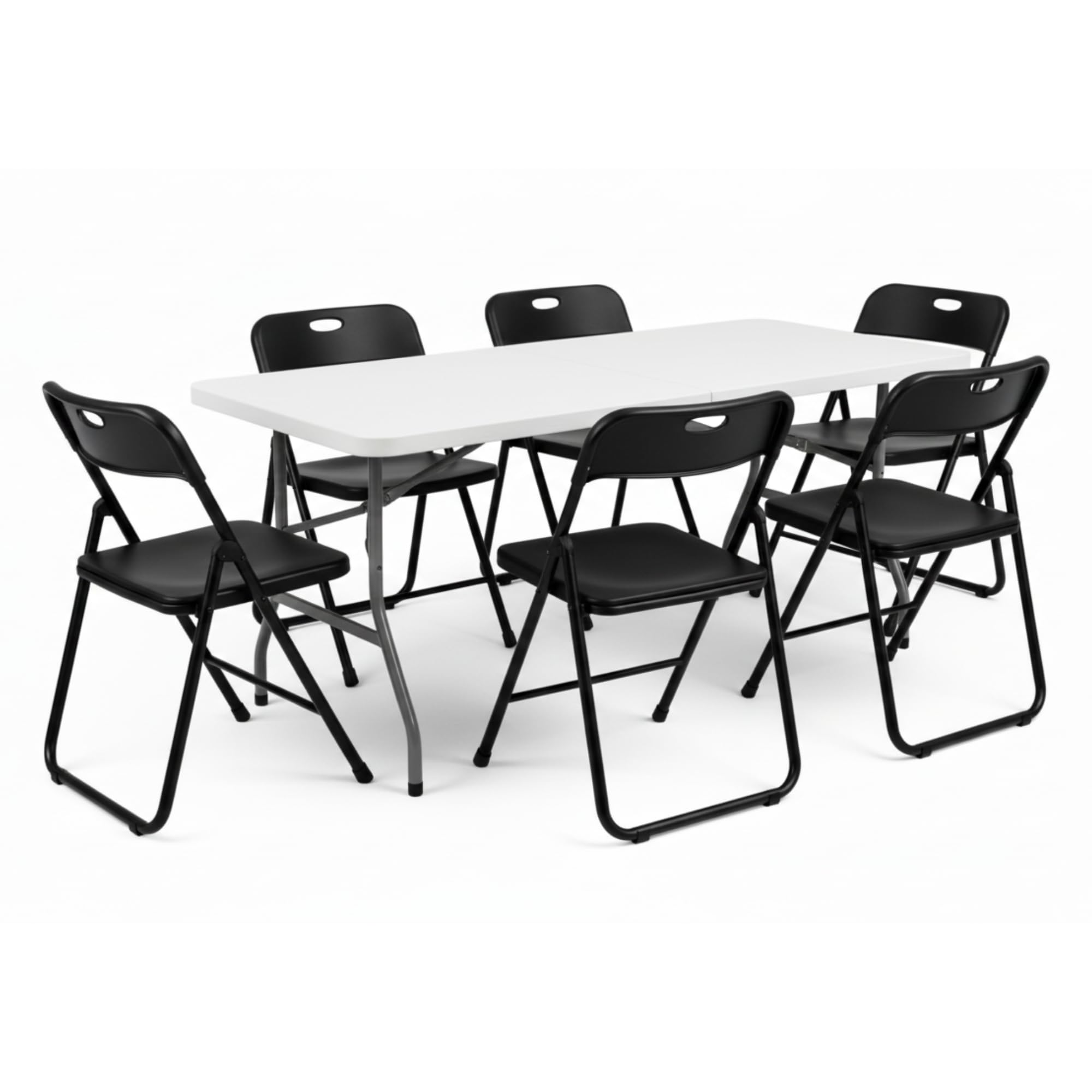 Pack Mesa Plegable 180 cm + 6 Sillas Negras Plegables - Conjunto Mobiliario Multiusos - Estructura Hierro Reforzado - Ideal Formación, Catering y Oficinas - Pack para Eventos Profesional