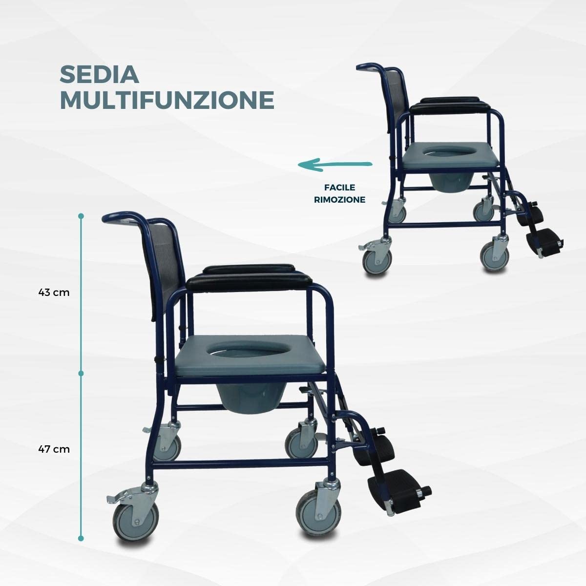 Mobiclinic, Sedia da toilette per anziani, Barco, Con rotelle, Disabili e, Braccioli pieghevoli, Seduta ergonomica, Poggiapiedi antiscivolo, Colore blu