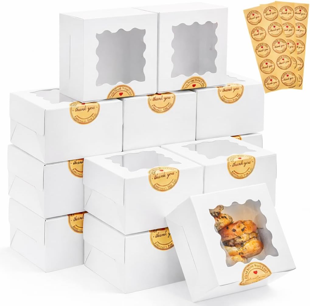 Homrelaxy 200 Pcs Cookie Boxes with Window, 4"x4"x2.5" Small Bakery Boxes | Small Pastry Box with 200 Stickers, For Mini Cake, Macaroon, Treat Dessert, Candy, Donuts, Cookies, Strawberries Chocolate