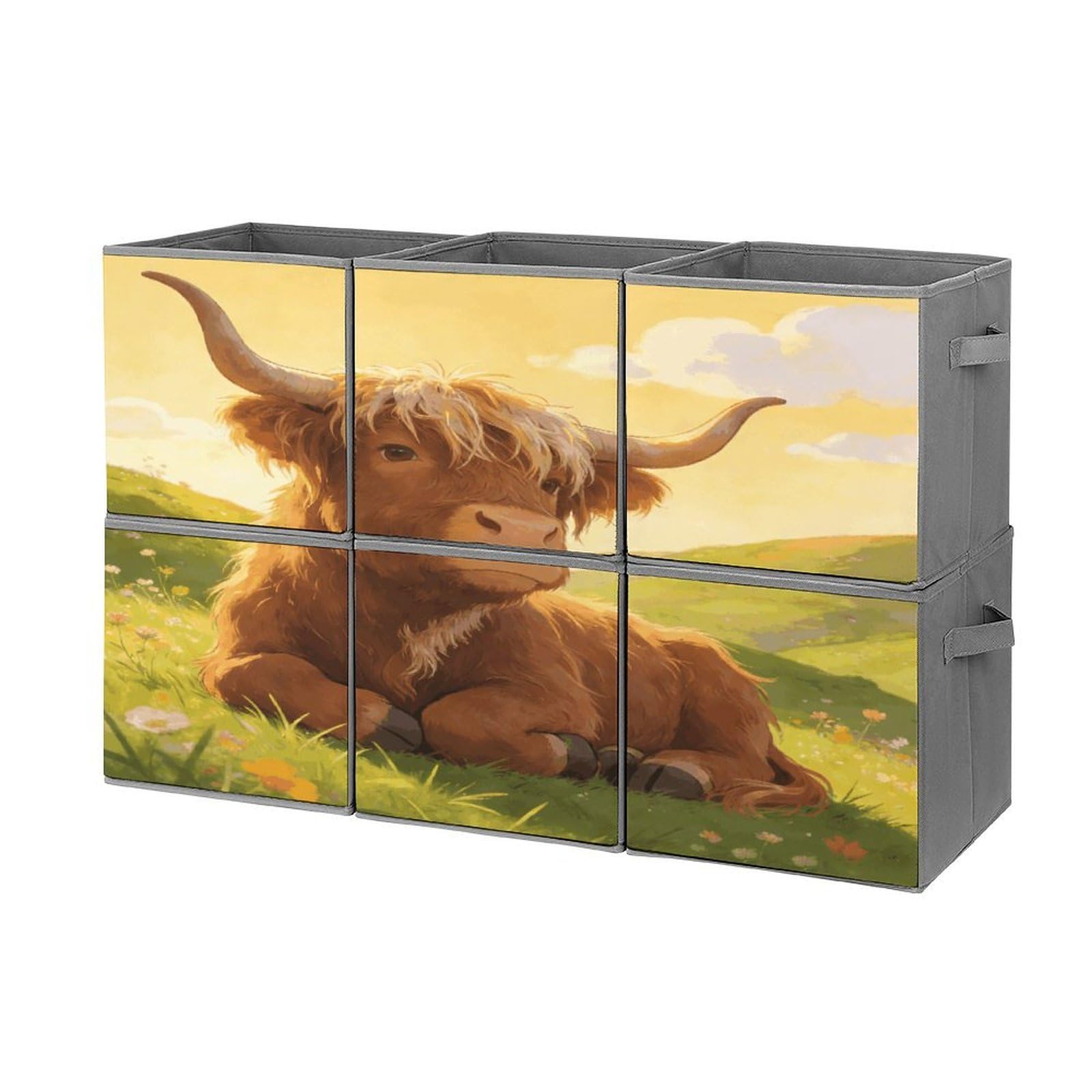 Fodpand Style Highland Cow Chillin Cube Bins With Double Handles,Set Of 6 Cube Organizer, Stackable And Foldable Storage Bins For Organization, Closet, Shelves, Offices