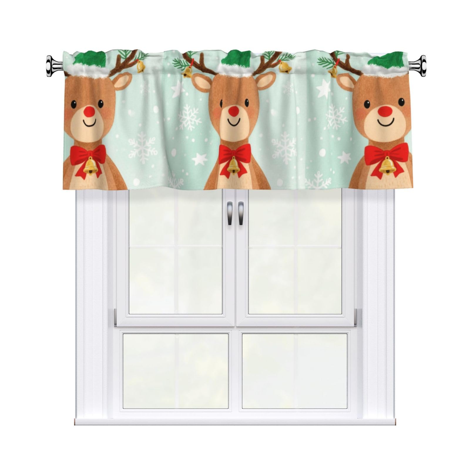 FekiLoot Christmas Deer Curtain Valance for Windows, Kitchen Window Valances Rod Pocket Window Treatments Short Curtains Drapes for Bathroom Bedroom Cafe Decor 54x18inch 1 Panel