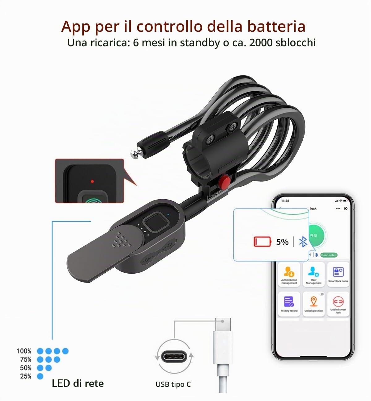 eLinkSmart - Lucchetto impermeabile con cavo in acciaio lungo 150 cm, per bicicletta, scooter, moto, porta, recinzione, cancello, app per telefono e orologio iOS, sblocca USB C