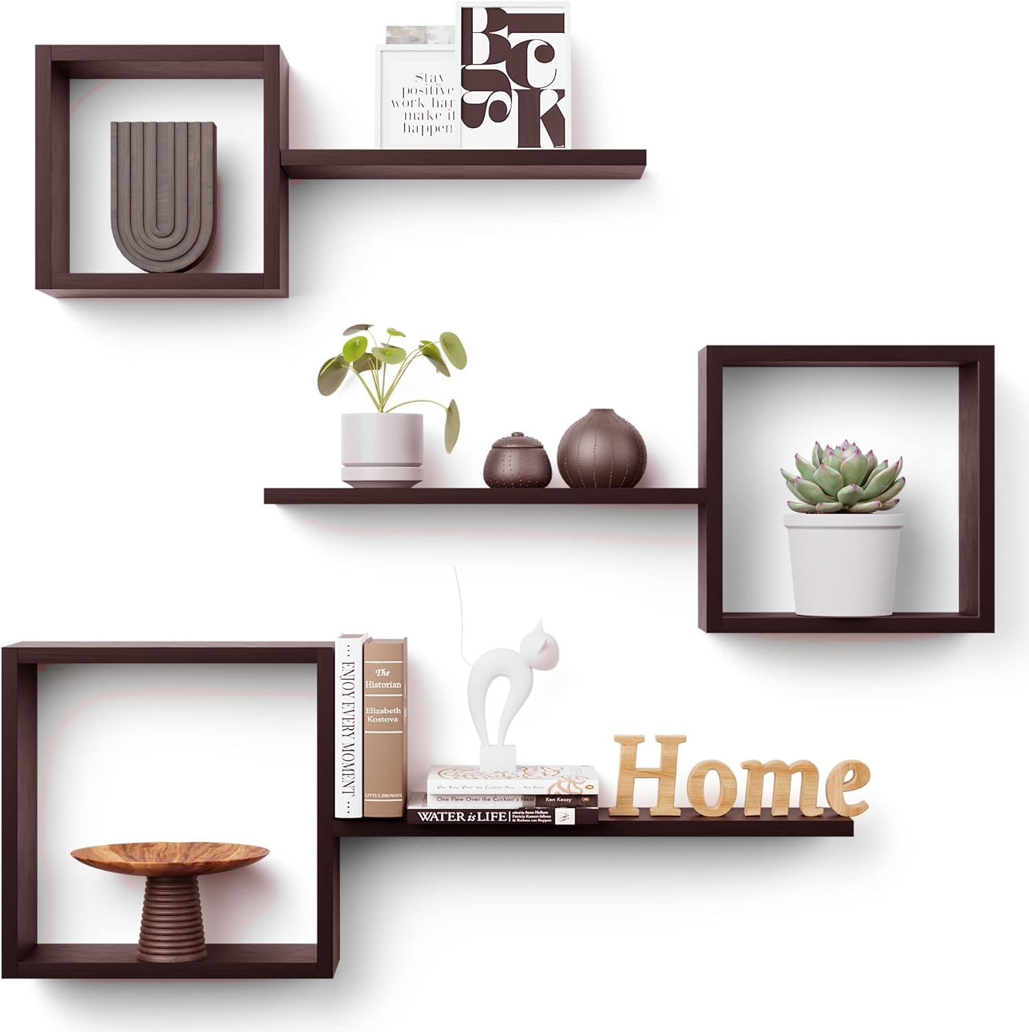METALFY Wooden Square Floating Shelves Wall Mount, Floating Cube Shelves Set of 6, Geometric Cube Wall Shelves for Wall Decor, Box Shelves for Bedroom, Living Room, Bathroom, Kitchen, Office, (Brown)-image-23