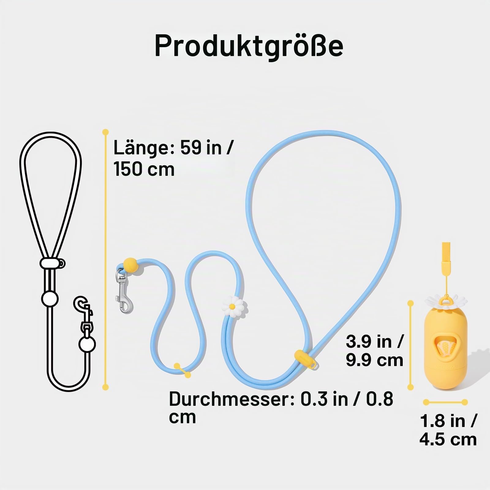 VETRESKA Freihand-Hundeleine, 1,5 m, verstellbare Seilleine für kleine, mittelgroße Hunde, multifunktionale Leine zum Spazierengehen, kein Ziehen, mit Beutelspender, 2-in-1-Spaziergang-Set (Daisy)
