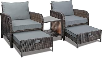 Balcony Furniture 5 Piece Patio Conversation Set, PE Wicker Rattan Outdoor Lounge Chairs with Soft Cushions 2 Ottoman&Glass Table for Porch, Lawn-Brown Wicker