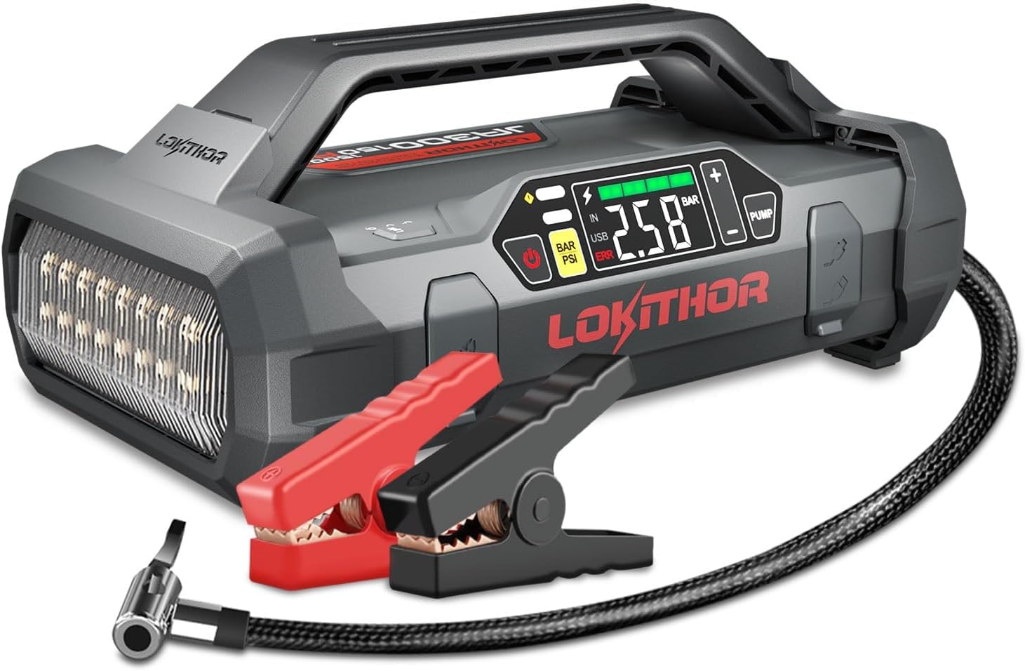 LOKITHOR JA300 Jump Starter with Air Compressor, 1500Amp 12V Portable Car Battery Booster Pack for Upto 7.0L Gas or 4.5L Diesel, 150 PSI Tire Inflator with Digital Screen, 24 Months Ultra-Long Standby