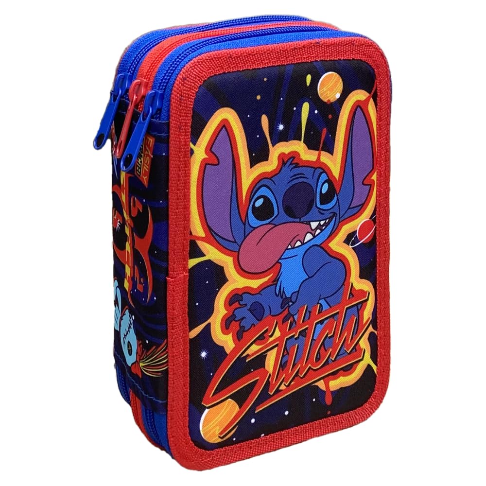 CARTOON Estuche escolar con 3 cremalleras, multicompartimento, juego de 44 piezas, colores Giotto, 20 x 13 x 6 cm, turquesa, 20 x 13 x 6 Cm, Stitch