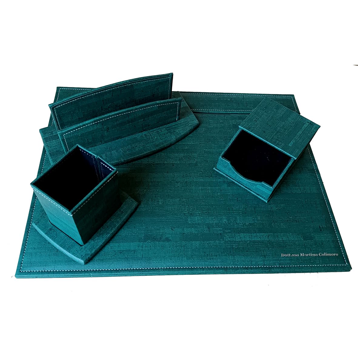 OGGETTANDO set scrivania in ecopelle personalizzabile con accessori composto da scrittoio apribile, portalettere, portapenne, portabigliettini (sughero verde)