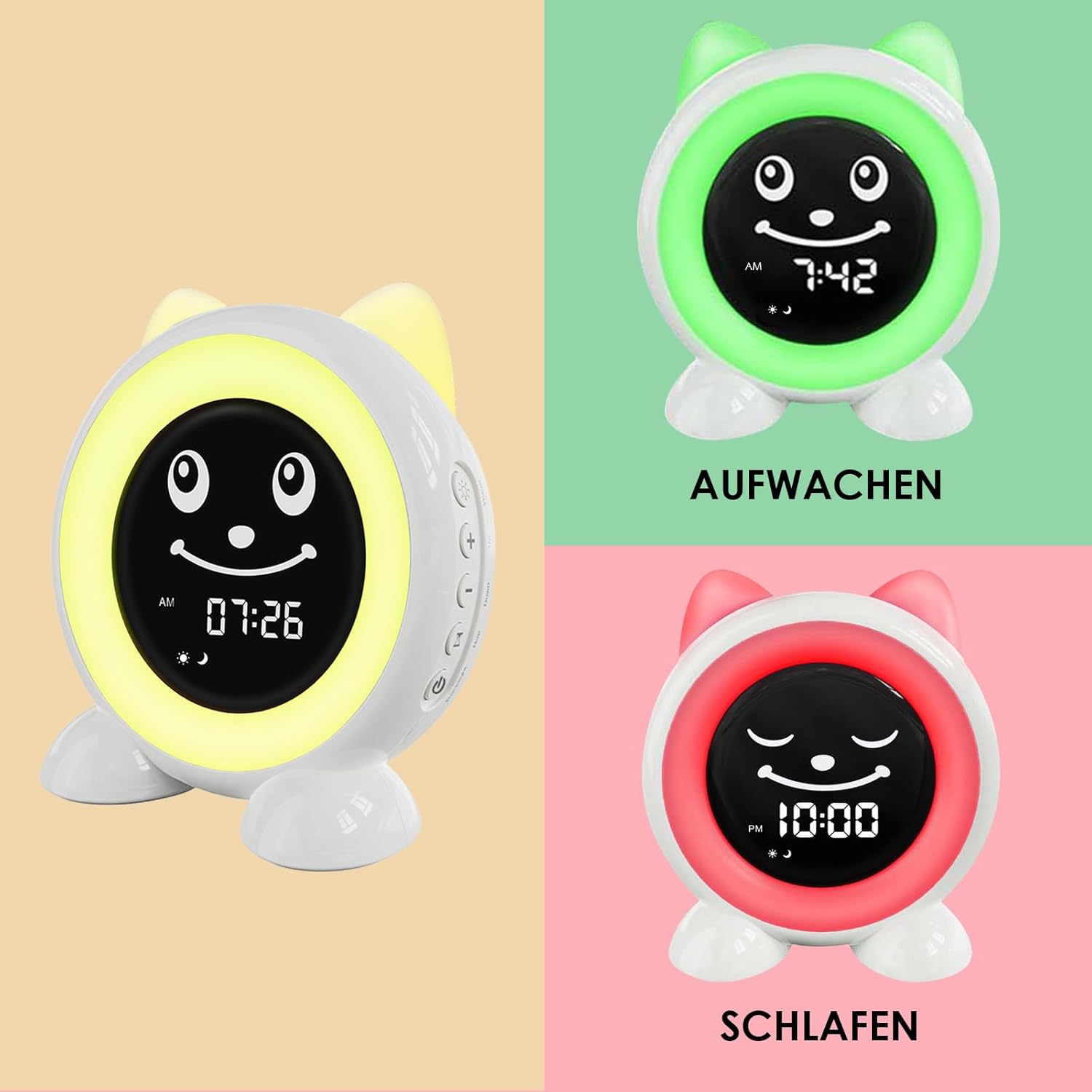 Three images of the FiveHome Kids Sleep Trainer Alarm Clock. One shows yellow light, one green light with 'WAKE UP' text, and one red light with 'SLEEP' text.