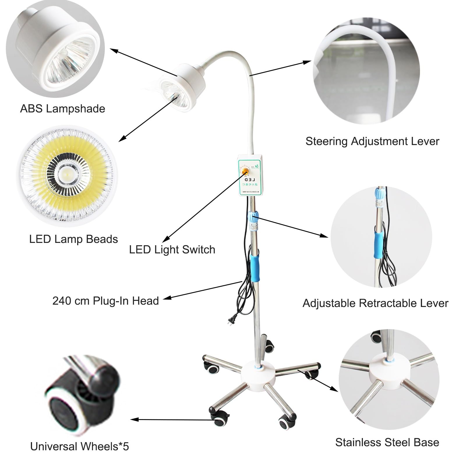 Lampe D'examen Médical à LED 20 W, Lampe Médicale Mobile, Lumière D'examen, Lampe D'examen Médical Sans Ombre, Lampe D'examen col de Cygne