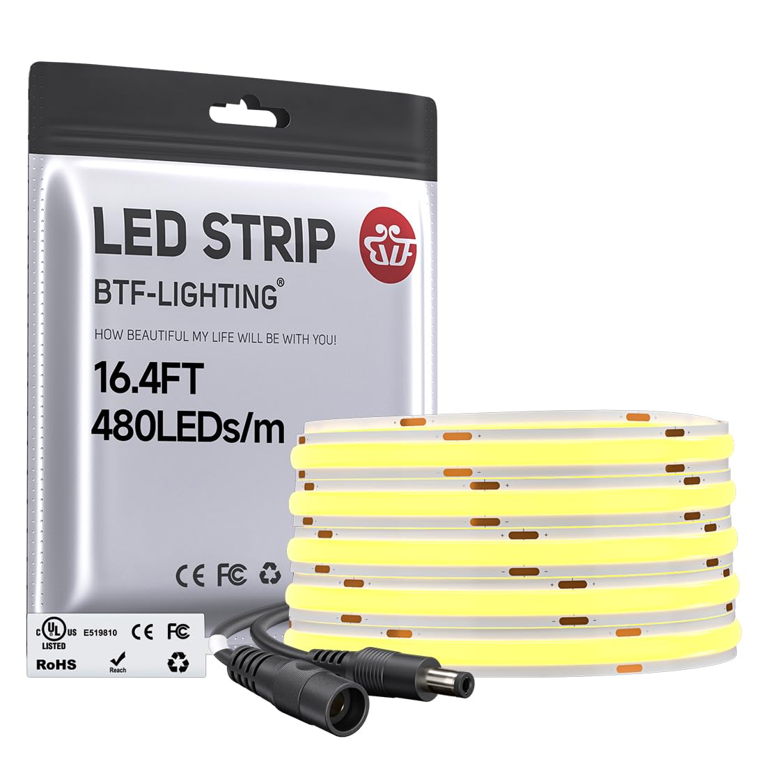 BTF-LIGHTING UL-Listed FCOB COB LED Strip Light 4000K DC12V Dimmable Natural White 5M 480LEDs/m Flexible LED Light Strip 8mm Width for Bedroom TV Backlight Cabinet Home Decor(No Adapter or Controller)