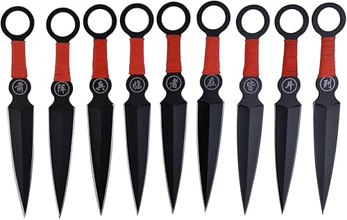 Miniatura 2 de Juego de 9 cuchillos de lanzamiento de punta perfecta, cuchillas de acero inoxidable negro con asas envueltas en cordón rojo con inscripción china,