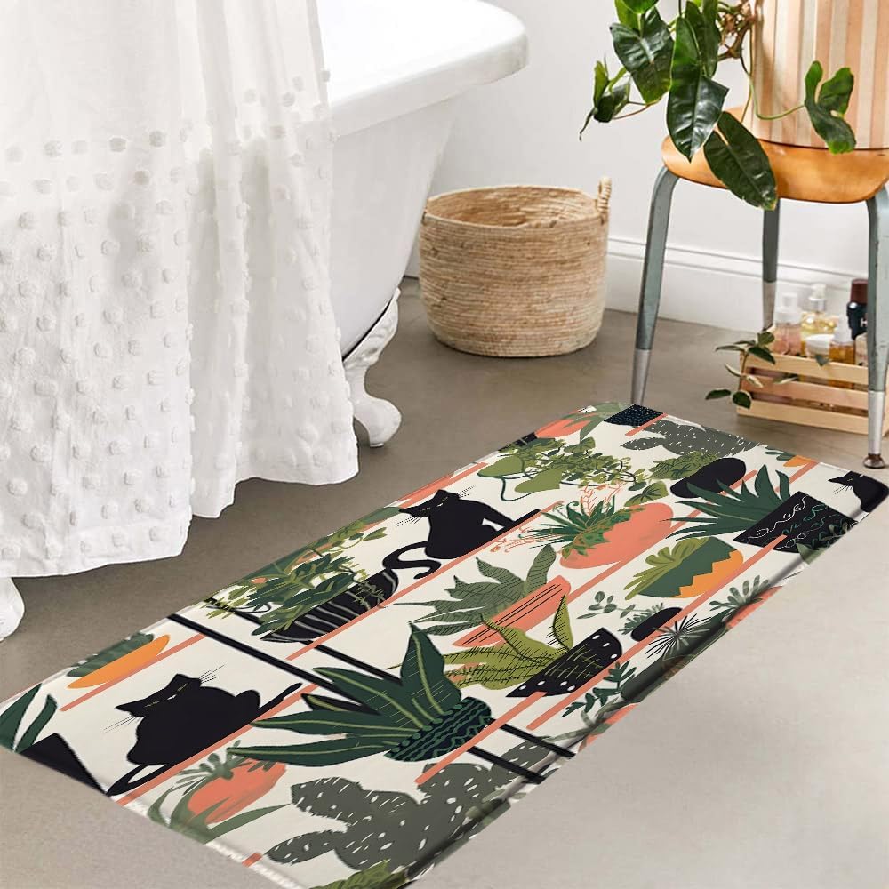 Plants and Cat Bath Mat Black Kitty Cats Stall and Boho Potted Green Cactus Leaf Tropical Succulents Abstract Greenhouses Garden Memory Foam Bathroom Kitchen Rug, 23.6x59 Inch