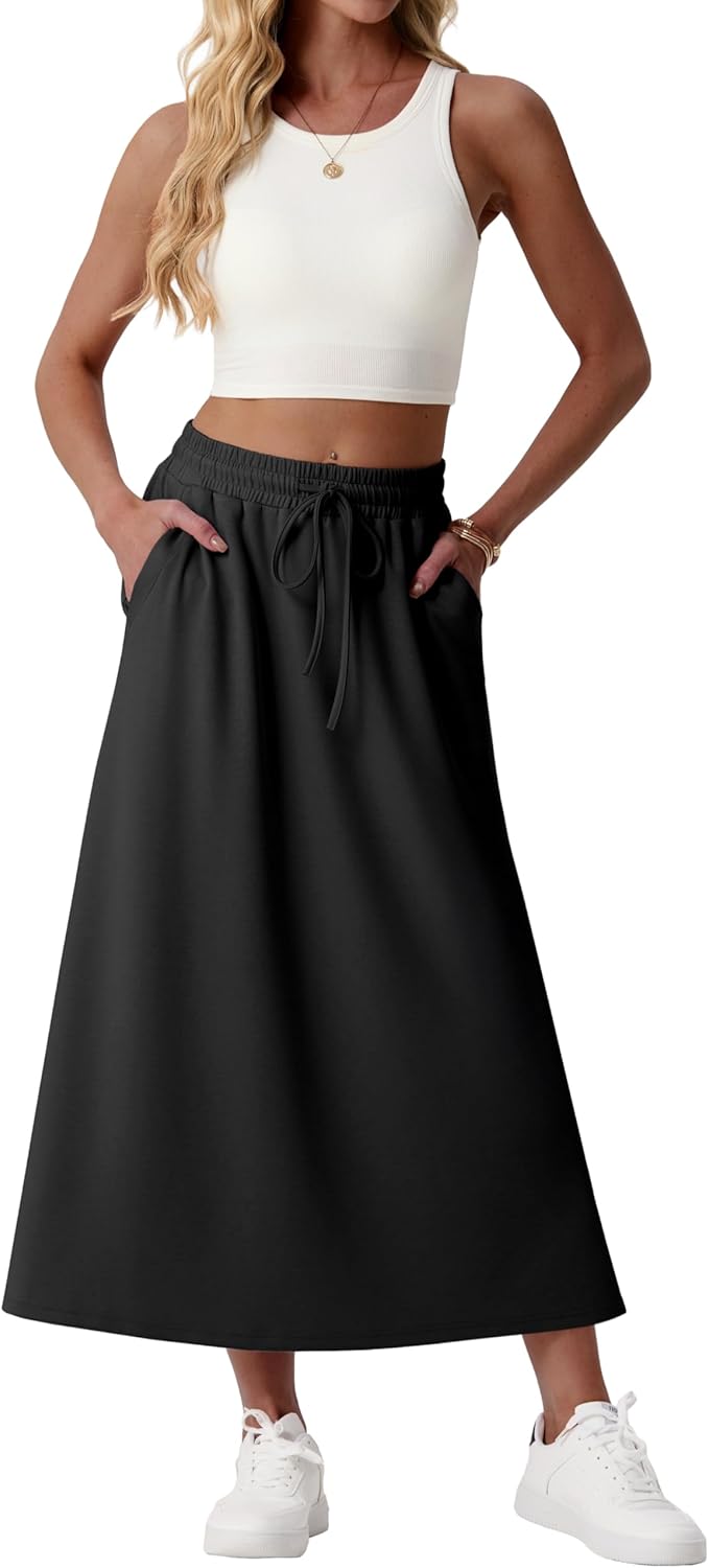 Lepunuo Casual Maxi Skirts for Womens Drawstring High A-Line Waisted Summer Long Trendy Skirts with Pockets