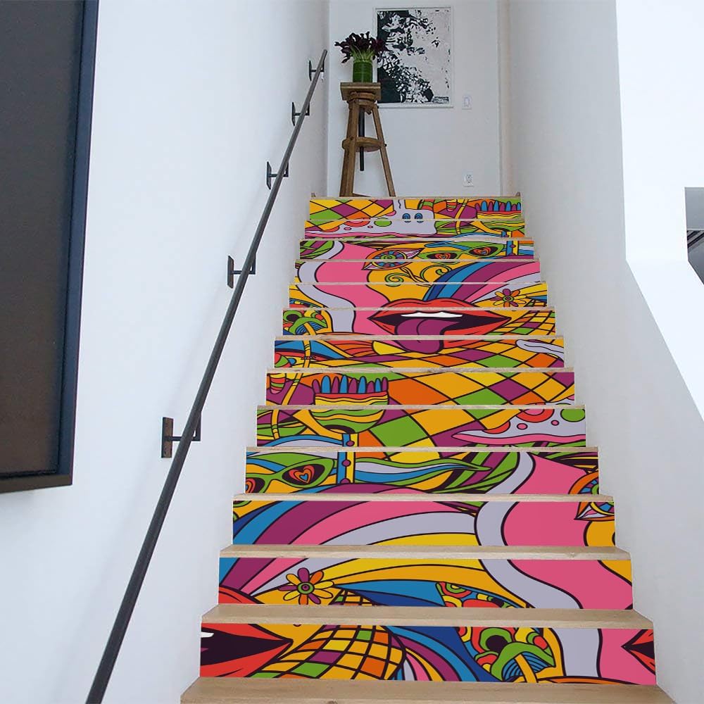 REDAMANCY Modern Abstract Colorful Graffiti Paint Peel and Stick Vinyl Stair Riser Decals Staircase Tile Stair Stickers Abstract Art Modern Marble Decoration Self-Adhesive Stair Decals (14 Pcs)