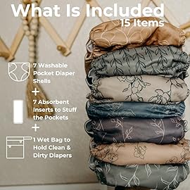 Nora\'s Nursery Cloth Diapers 7 Pack with 7 Inserts & 1 Wet Bag - Waterproof Cover, Washable, Reusable & One Size Adjustable Pocket Diapers for Newborns and Toddlers - Modern Blooms