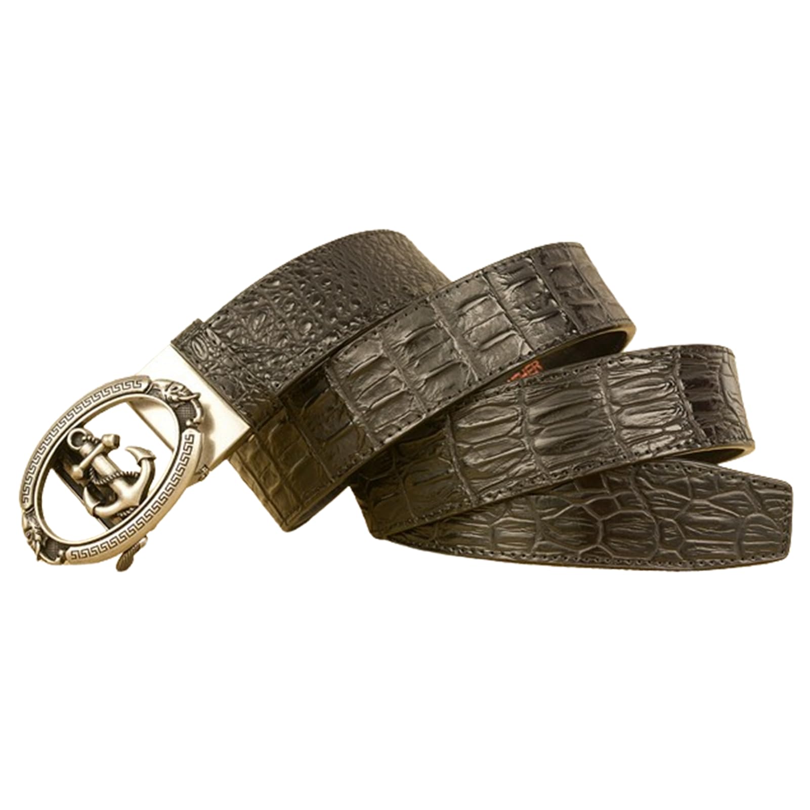 Herren-Ratschengürtel Aus Leder – 35 Mm Breit, Mit Geschnitzter Silberner Doppel-Elefantenkopfschnalle, Verstellbarer Schiebegürtel (115 Cm/45 Zoll), Braun