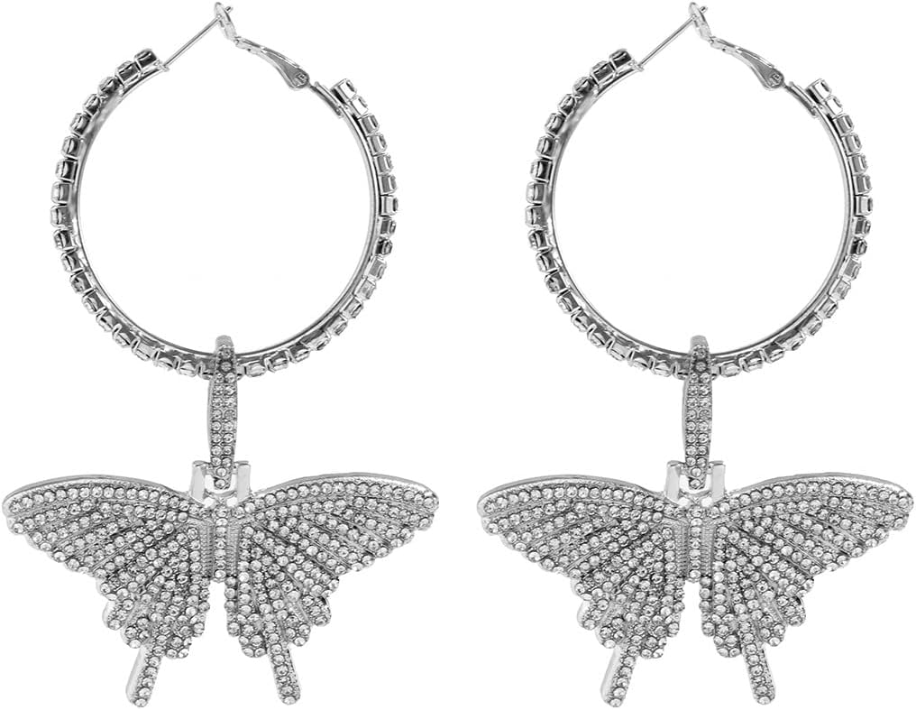 Wiwpar Large Butterfly Hoop Dangle Earrings Sparkly Rhinestone Butterfly Earrings Fashion Round Circle Open Hoop Dangle Earrings for Women Girls - Image 7
