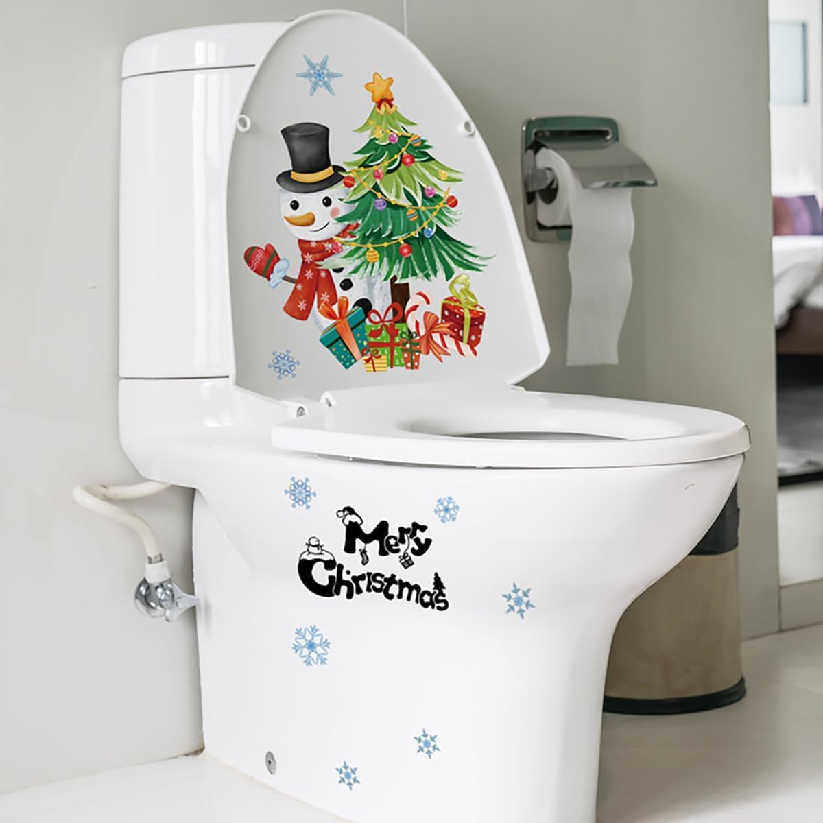 2 Sheets Christmas Toilet Stickers Decals Xmas Christmas Tree Snowman Pattern Bathroom Wall Toilet Seat Cover Decals Self-Adhesive Merry Christmas Home Decoration Supplies