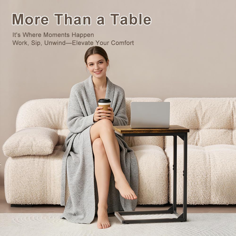 C-Shaped End Table,Small Side Tables for Sofa and Bedside，Sofa Table with Metal Frame for Living Room, Bedroom, Office，Rustic Brown and Black