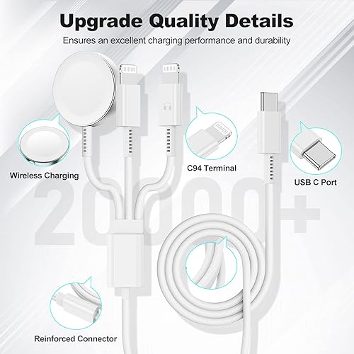Miniatura 3 de Apple Watch Charger USB C para Apple Watch y iPhone, cable magnético de carga rápida 3 en 1 iWatch de 6 pies con adaptador de cargador rápido de 20