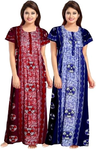 WiWi Women's Cotton Printed Nighty Night Gown Maxi Free Size (Pack of 2)