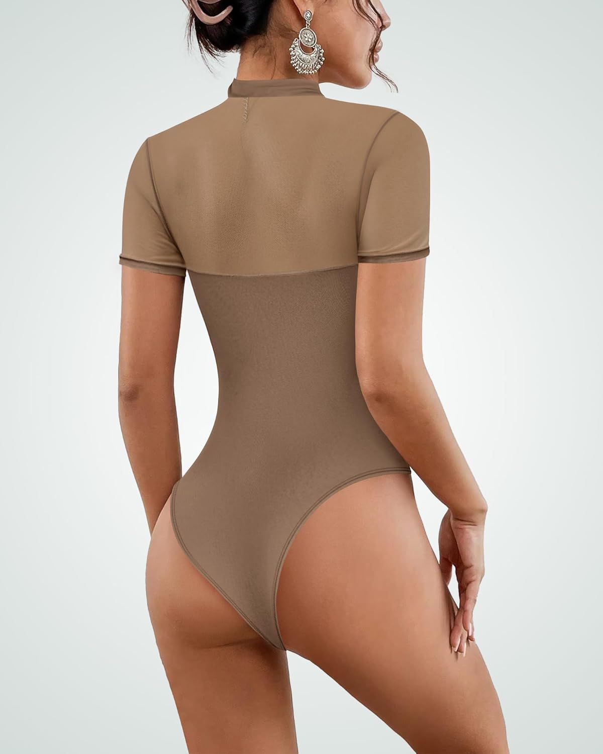 Women's Mesh Sexy Mock TurtleNeck Bodysuits Short Sleeve Shirt Ruched Sheer Body suit Summer Trendy Going Out Tops - Image 3