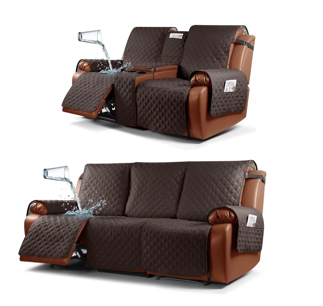 RuaozzRecliner Cover with Console + Recliner Sofa Cover 3 Seater Chocolate