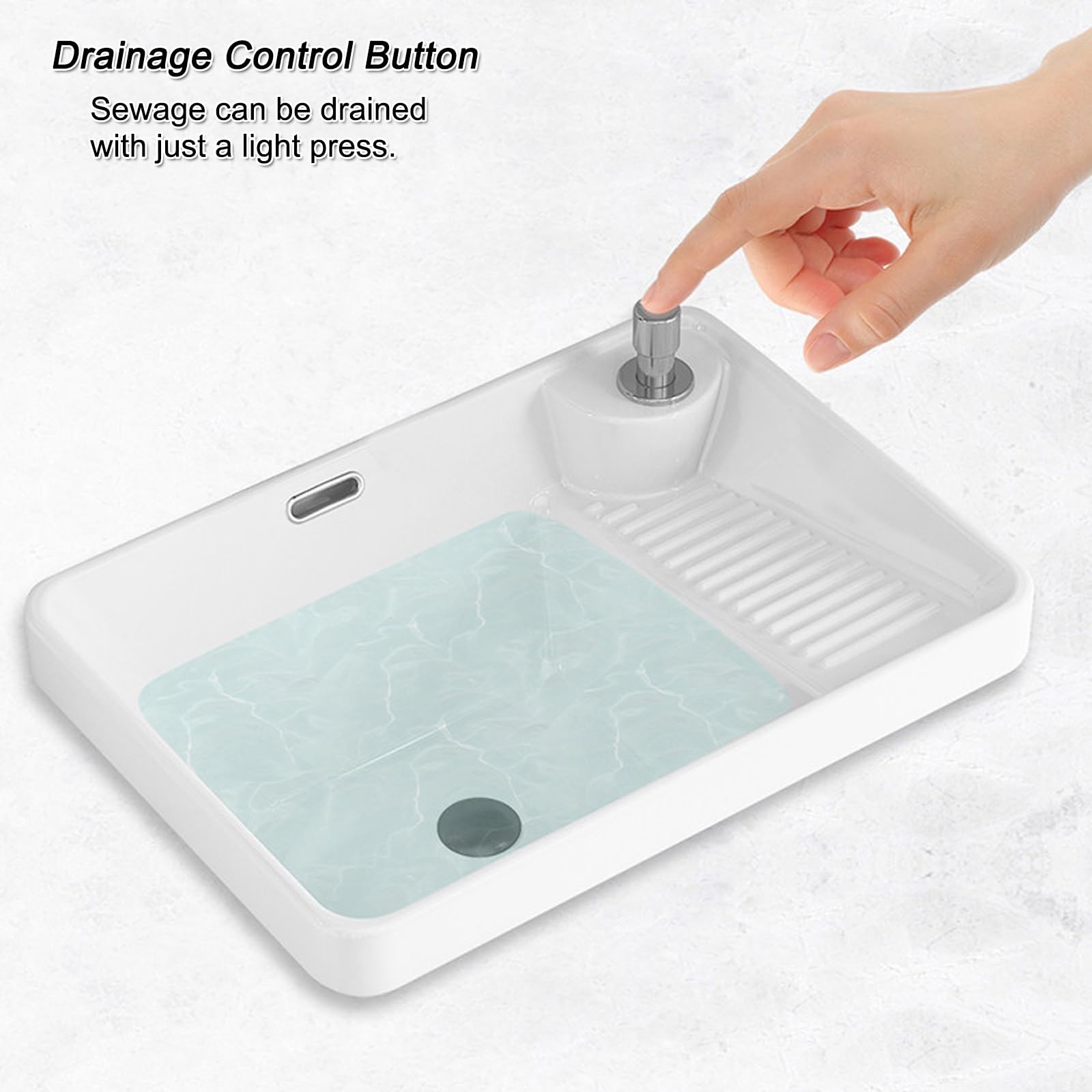 Halb versenktes Waschbecken mit ausziehbarem Wasserhahn, weißes Keramik-Spülbecken mit Waschbrett und Ablaufkontrolle, perfekt für Waschküche oder Garage