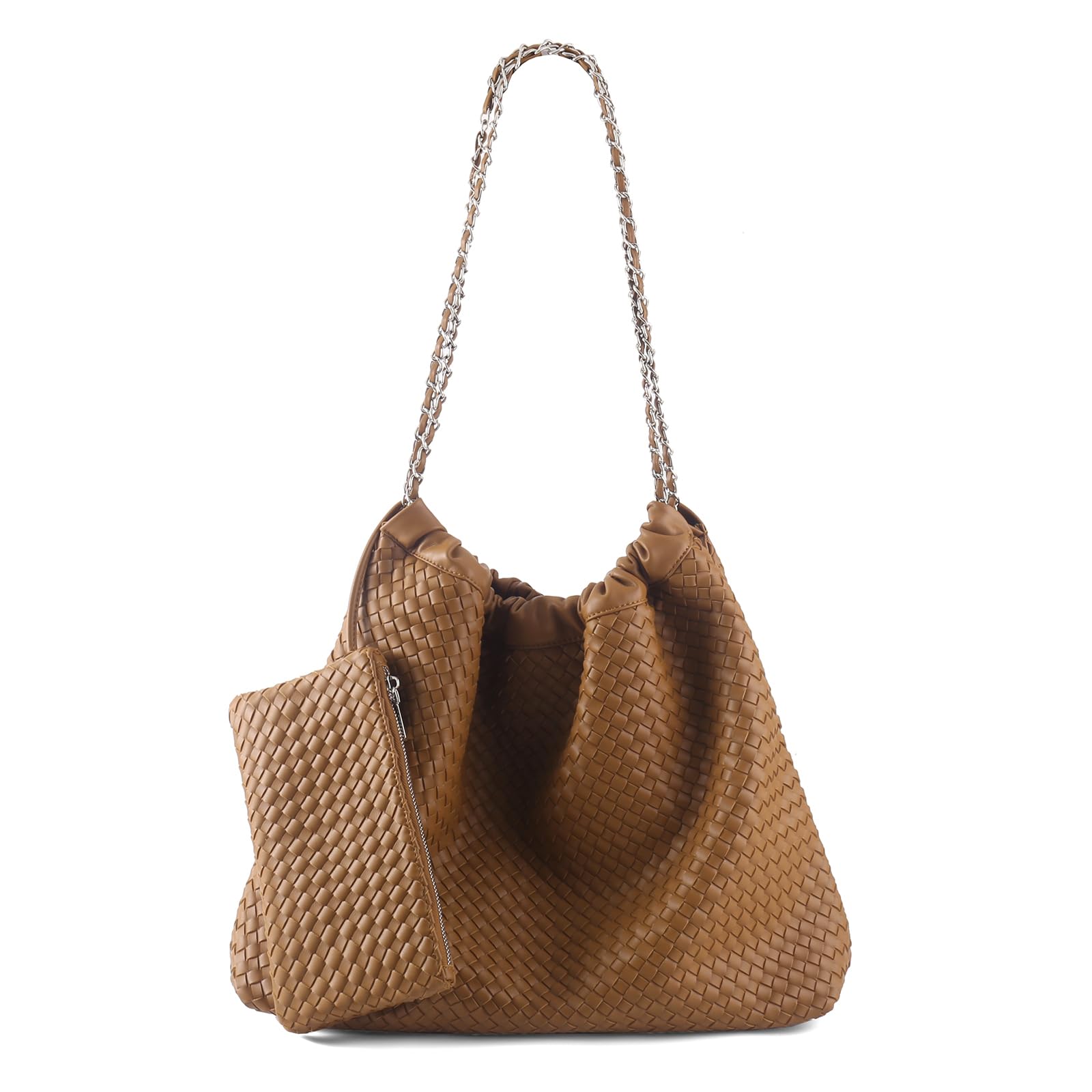 LIKEBAG Drawstring Bag for Women Leather Tote Large Capacity Travel Handbag and Purse Foldable Handmade Woven Shoulder Bag (Brown)
