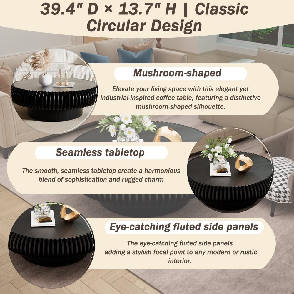 Round Coffee Table for Living Room Modern Solid Wood Fluted Design Coffee Tables with Sturdy Pedestal for Small Space Circle Center Table Accent Tea Table for Apartment, Easy Assemble (Black, 39.4)