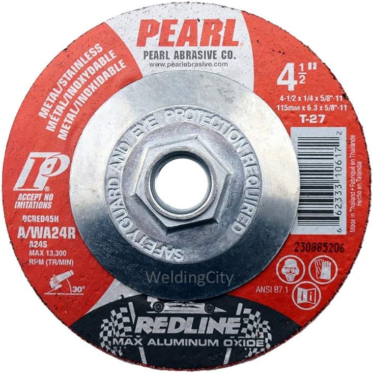 2-PK Pearl Abrasive DCRED45H Depressed Center Grinding Wheel 4-1/2 x 1/4 x 5/8-11 with Hub Type 27 Aluminum Oxide Red-Line MAX-A.O.