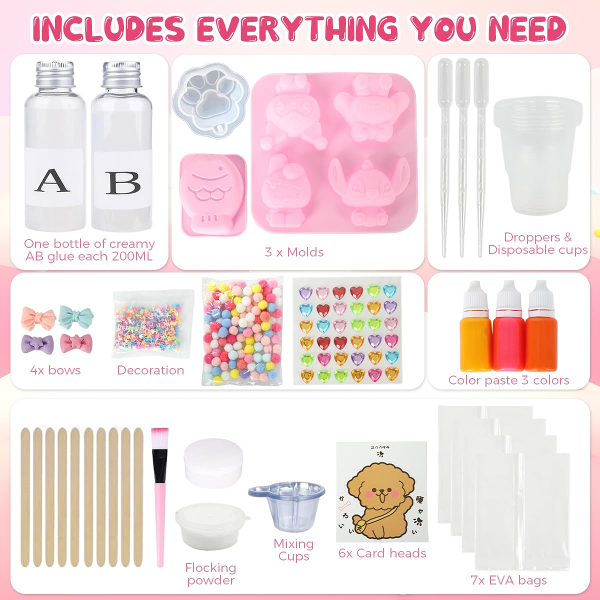 HASTHIP® DIY Squishy Making Kit,Kids 3D Silicone Mould Kit Cute Soft Silicone Jelly Toy for Kids Includes Tools & Accessories DIY Squishy Toy Supplies for & Adults Gift 1