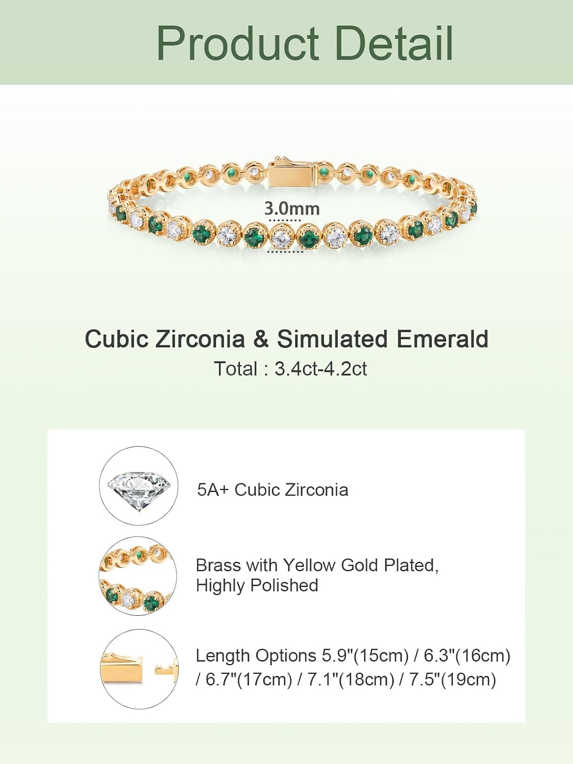Simulated Emerald and 5A CZ Tennis Bracelet for Women, 2.22ct-10.45ct Birthstone Bracelet, Wedding Anniversary Valentines Birthday Gift, Length 5.9-7.5 Inch(15-19cm)