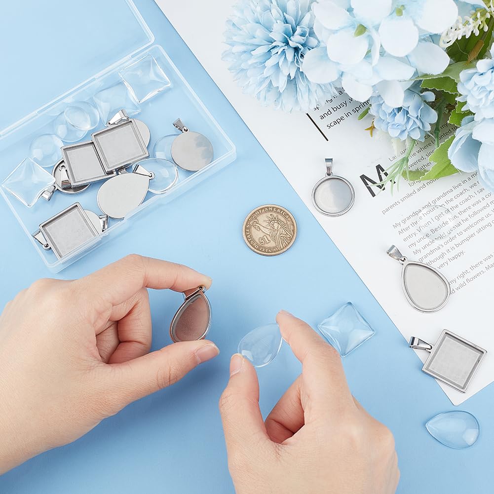 UNICRAFTALE 24pcs 3 Styles 6set Cabochon Pendant Settings Stainless Steel Blank Bezel Pendant Trays Teardrop Square Flat Round Base Cabochon Charm with Glass Cabochons for Jewelry Making - Image 4