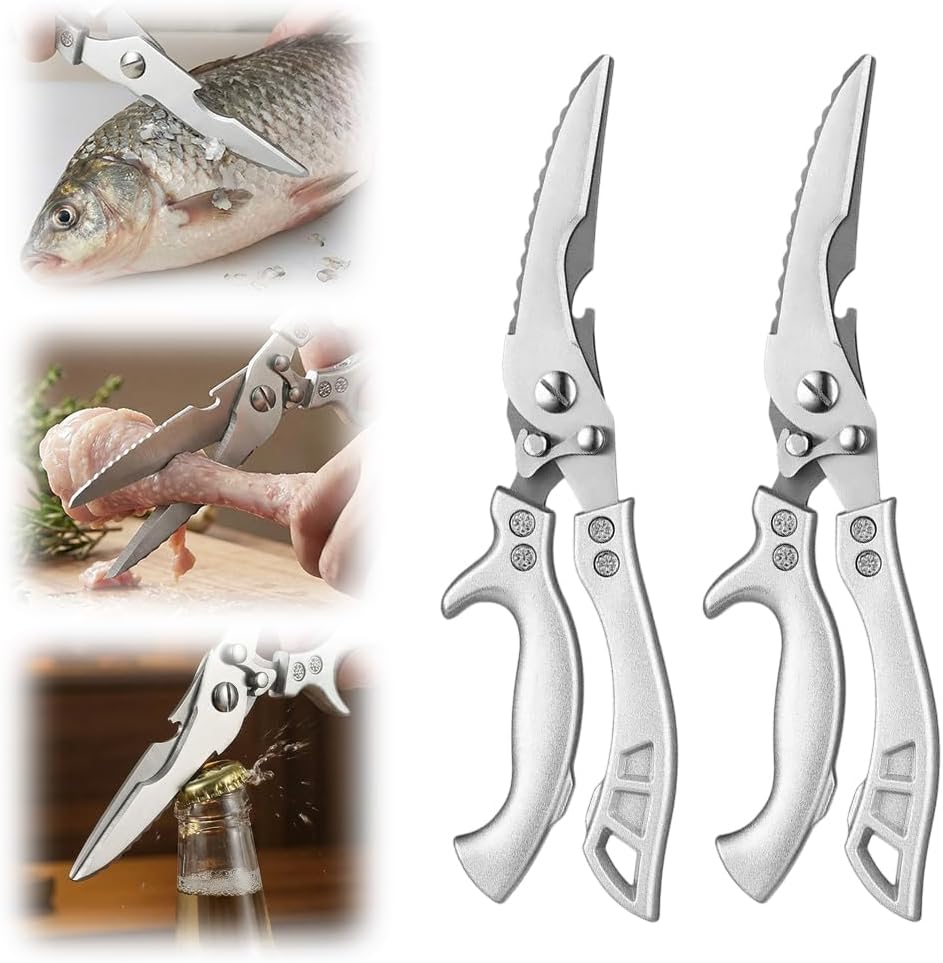 Heavy Duty Kitchen Scissors for Food, 2026 New Stainless Steel Bone Cut Kitchen Scissors Poultry Shears, Multi-Purpose Kitchen Shears for Meat Chicken Bone Fish Turkey Vegetables Seafood (2pcs)