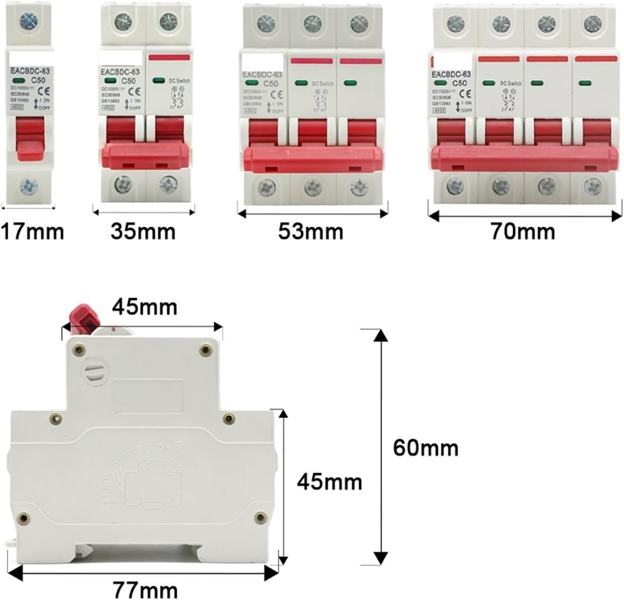 DC 1000V 1P 2P 3P 4P Solar Circuit Breaker Overload Protection Switch 6A 10A 16A 20A 25A 32A 40A 50A 63A Photovoltaic MCB PV(2P,25A)