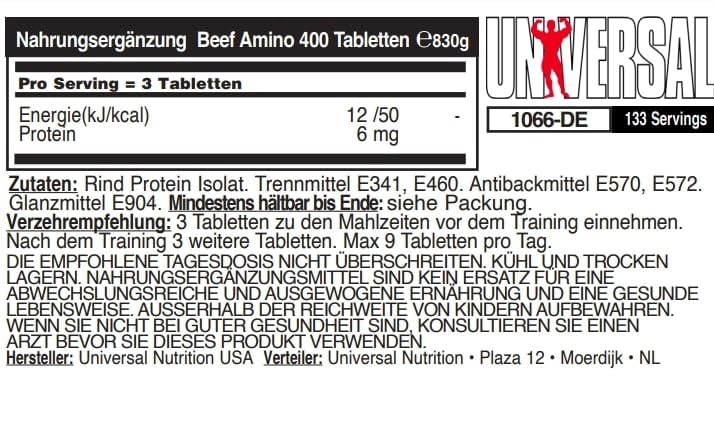 Universal Nutrition RINDERAMINOSÄURE-KOMPLEX enthält ein vollständiges Spektrum an wichtigen Aminosäuren (EAAs & BCAAs), hochwertiges Rinderproteinisolat zum Aufbau magerer Muskelmasse, 400 Tabletten