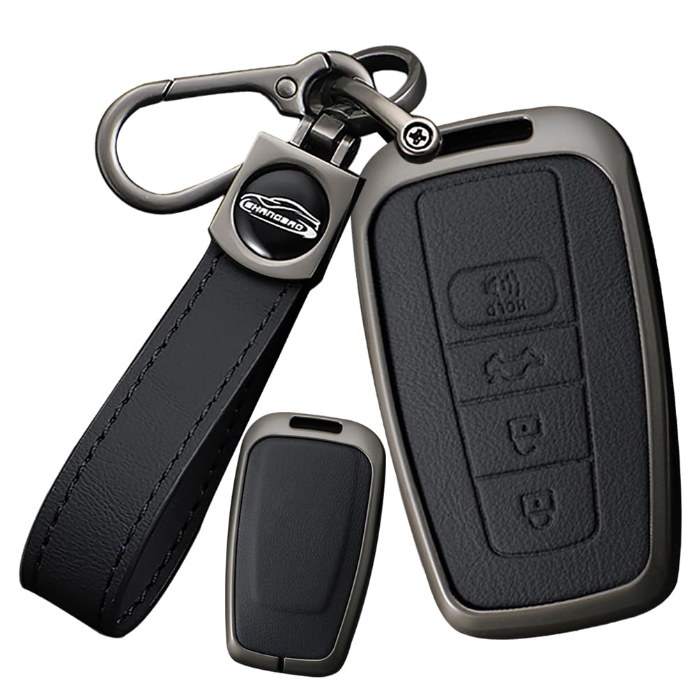 SANRILY Keyless Metal 4 Button Key Fob Cover Compatible with Toyota Camry 2018-2024 RAV4 Corolla Avalon C-HR Prius GT86 Highlander Leather Key Case