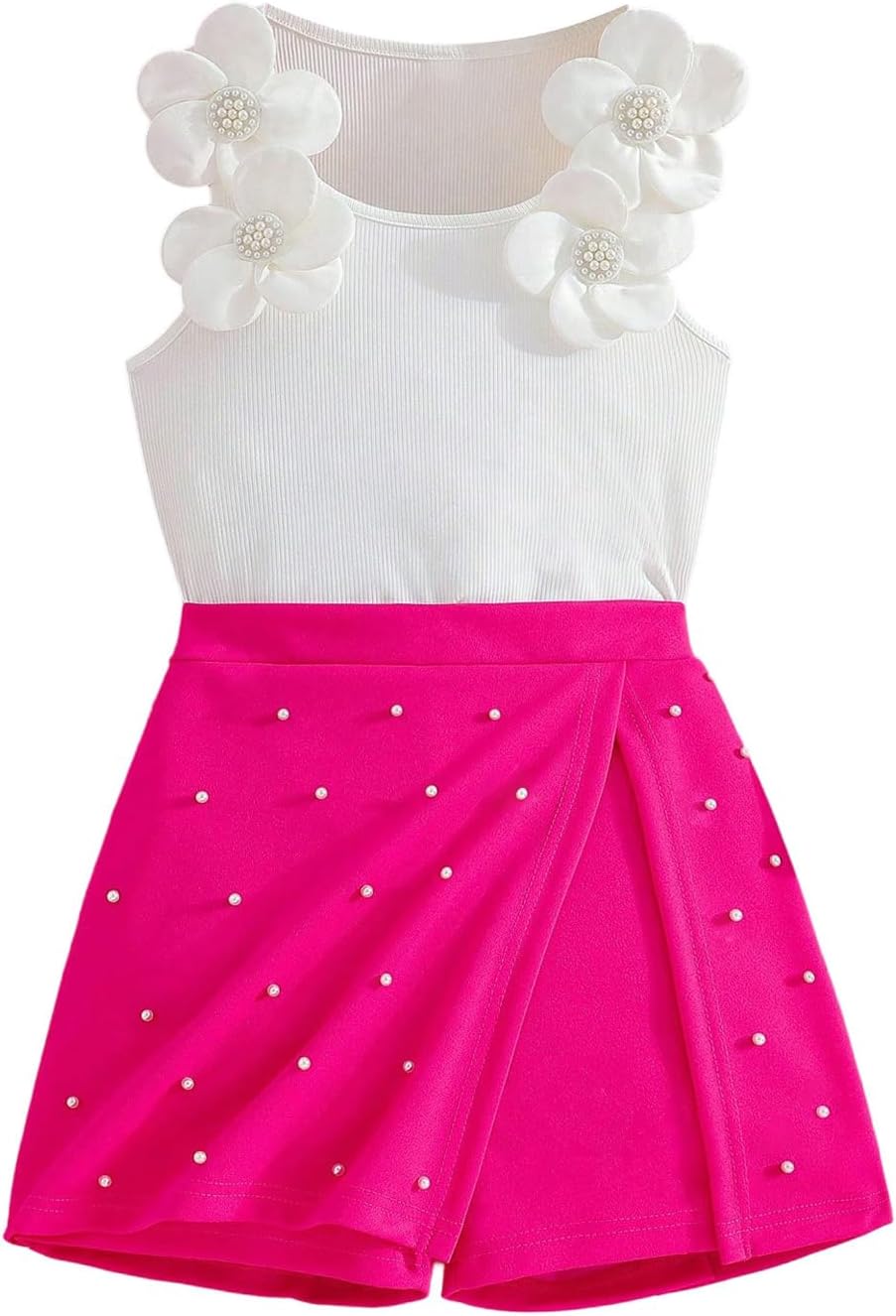 OYOANGLE Girl's 2 Piece Cute 3D Floral Pearl Shorts Set Sleeveless Tank Top Slit Hem Shorts Outfits