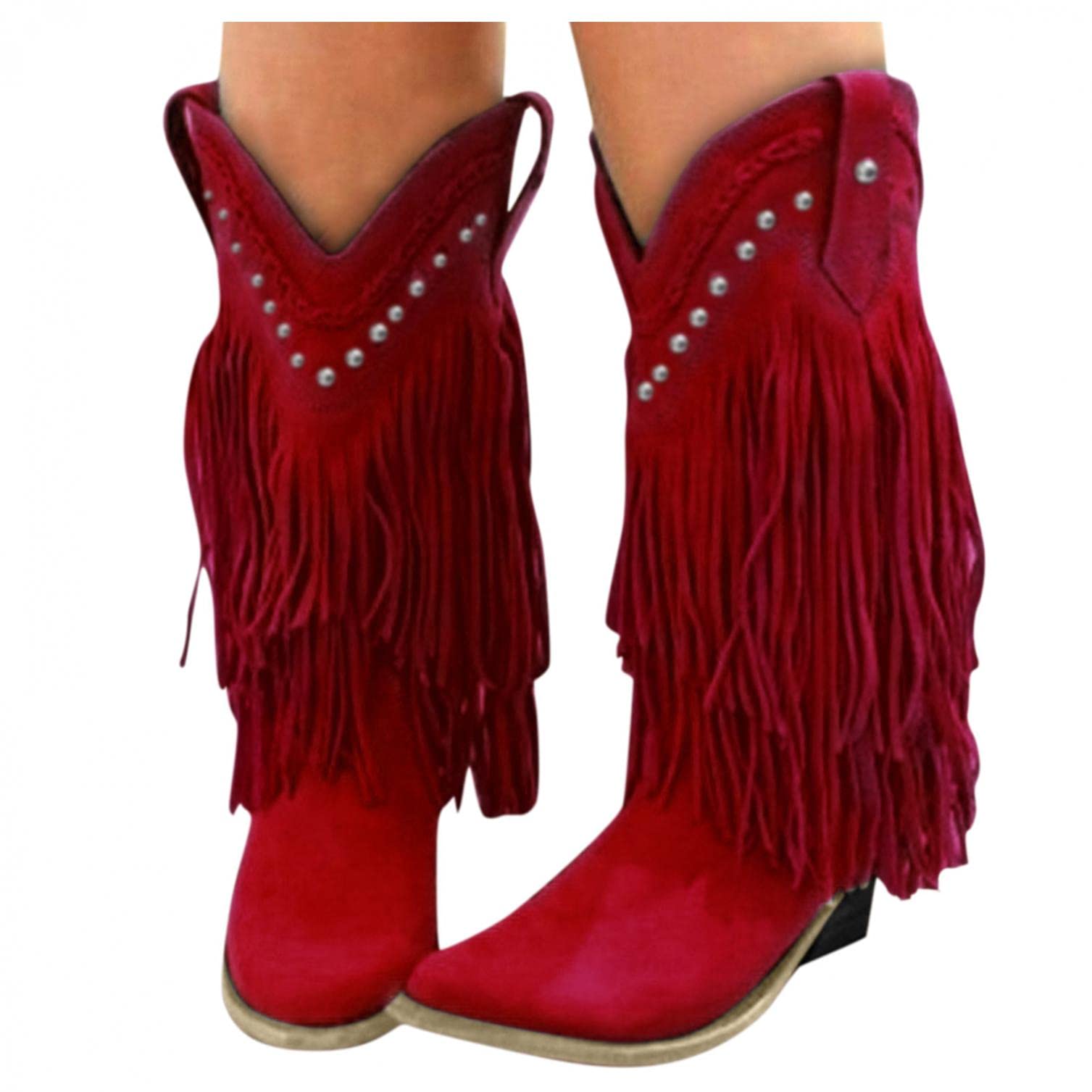 Hbeylia Women'S Cowboy Boots Vintage Tassel Square Toe Mid Heels Western Cowgirls Boots Ethnic Retro Fringe Rivet Slip On Wide Mid Calf Knight Riding