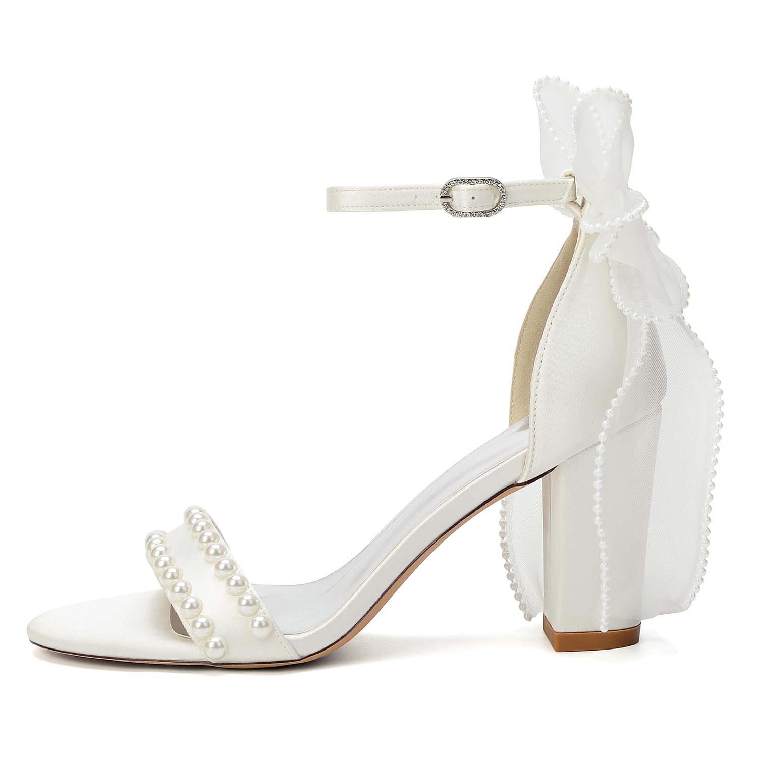 Sandali da Donna in Satin con Tacco Largo Perle e Fiocco in Mesh Eleganti Scarpe da Sposa Cerimonia