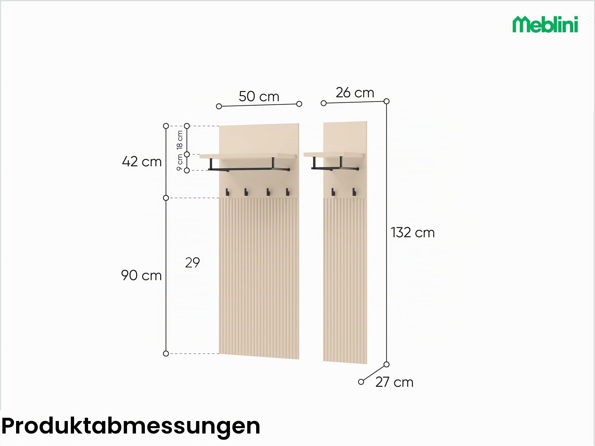 MEBLINI Garderobe Flur Möbel Set mit LED - Garderobenschrank Flur mit Spiegel - Garderobe Schrank - Flurgarderobe - Flurschrank hoch - Trend - Beige/Schwarz