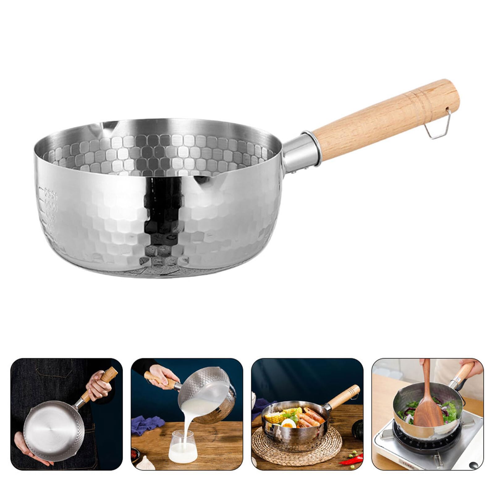 COLLBATH Pentola in Acciaio Inox Manico in Legno, per Latte e Alimenti per Bambini, Multiuso, Anello per Appendere, per Casa e Hotel