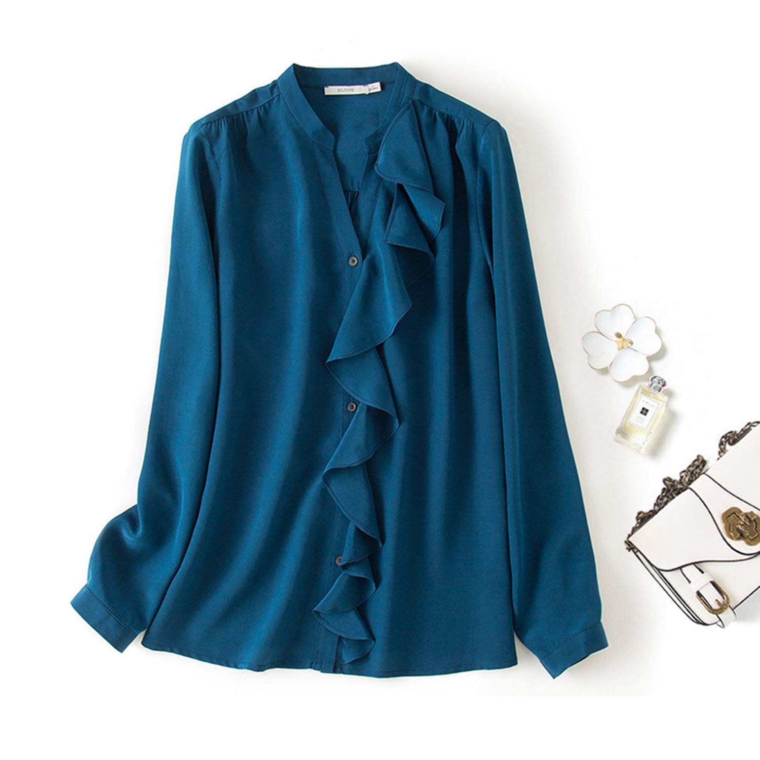 Elegante Camicia da Donna in Seta Blu, Top Primavera A Balze Vintage, Blusa da Ufficio Donna Fashion