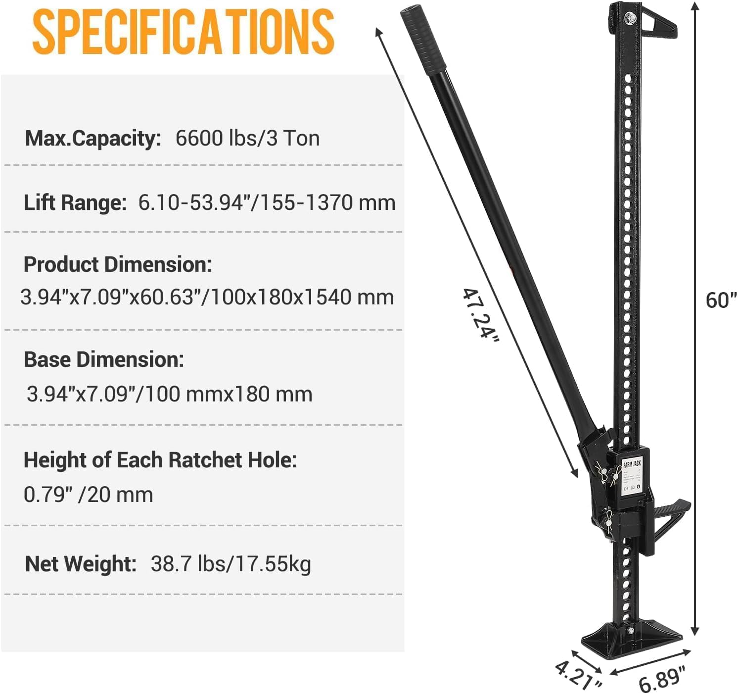 60" High Lift Farm Jack,7000 Lbs Ratcheting Off Road Utility Jacks, Heavy-Duty Farm Bumper Jack for Tractor, Truck,Black