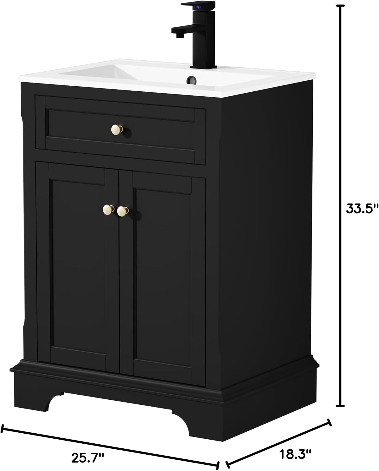 LUCKWIND 24" Bathroom Vanity with Sink, Mid-Century Painted Bathroom Cabinet with Raised Arch Feet, 25.7 inches Bottom, Undermount Sink and a Shelf, Mirror is NOT Included, Black