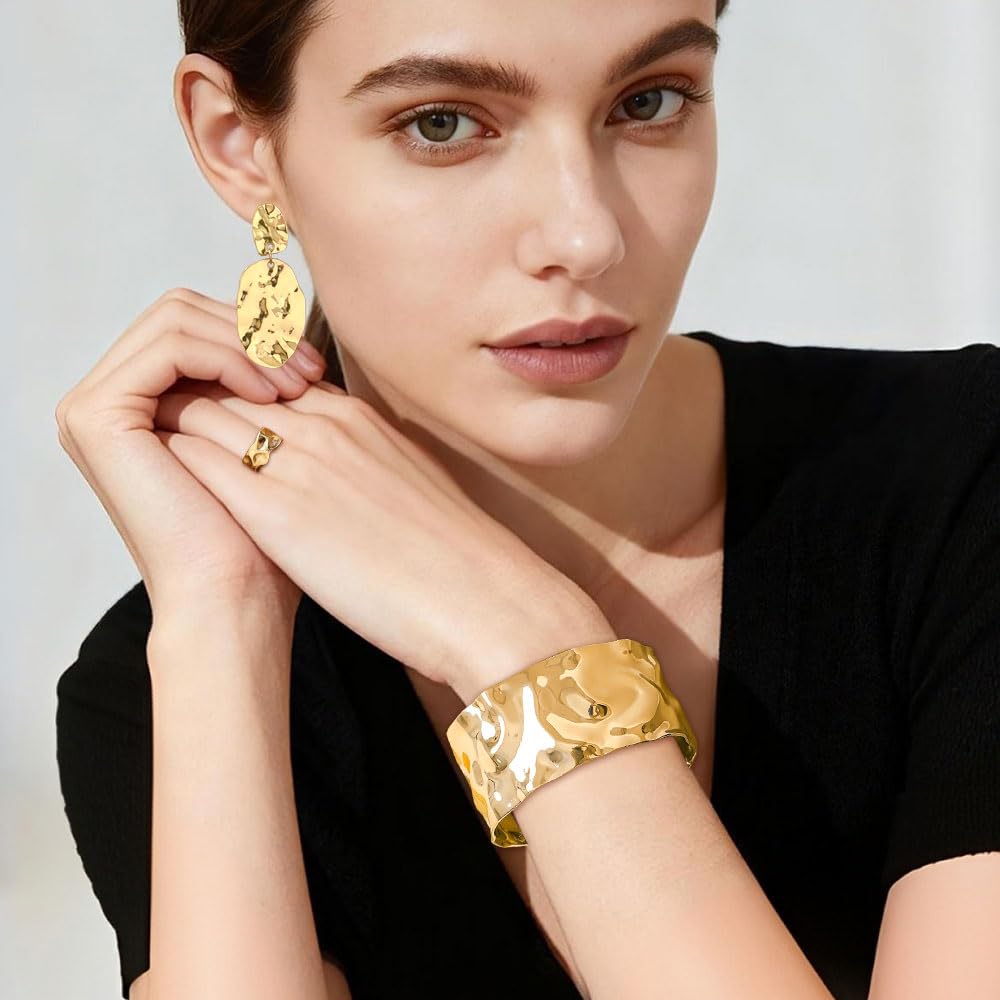 Joyas Mujer 3 Piezas Brazalete Anillo y Pendientes Ovalados Textura Metálica Irregular 18K Chapado para Uso Diario y Eventos (Dorado)