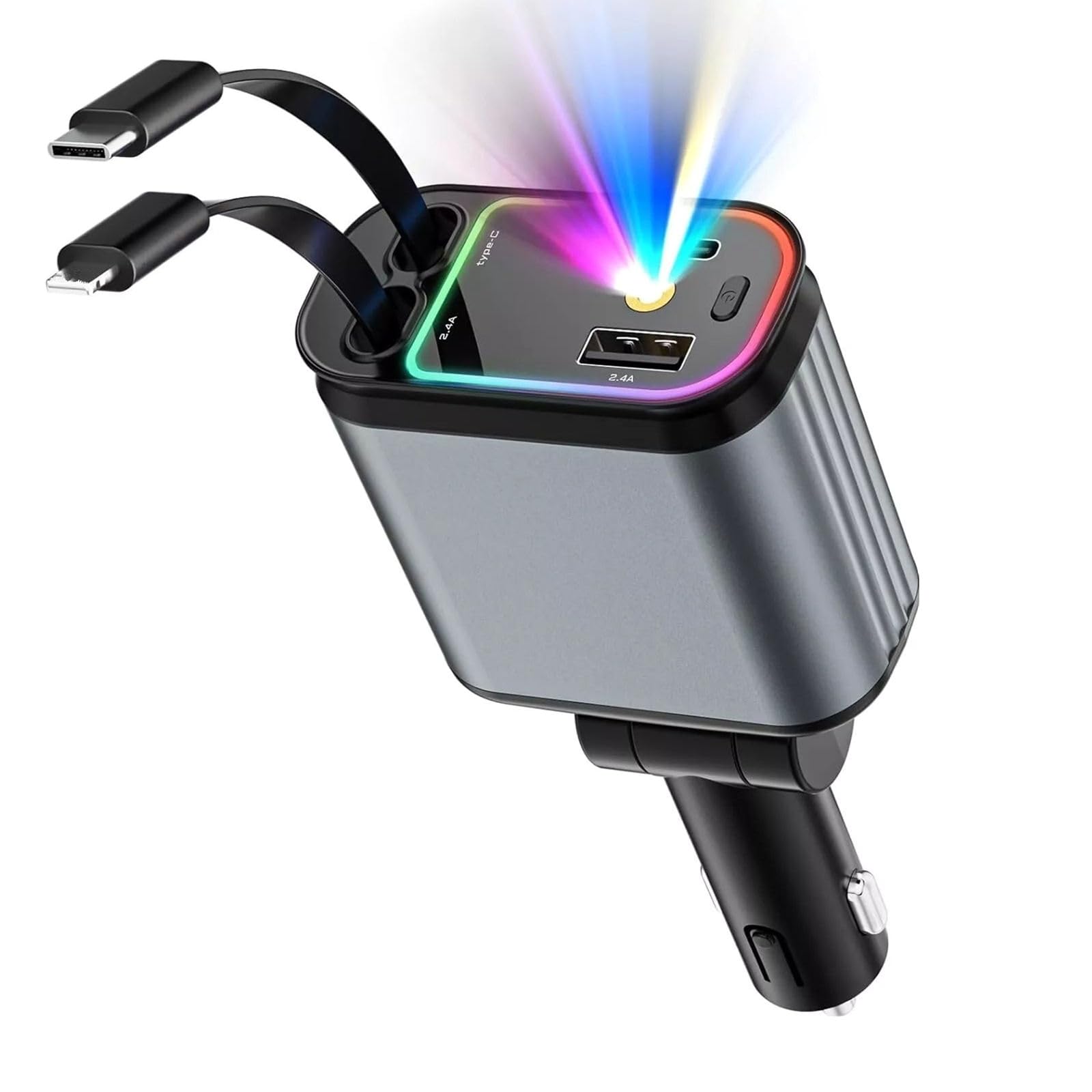 Cargador de coche USB C retráctil 4 en 1 con luz de cielo estrellado, adaptador de carga rápida y puertos de carga duales